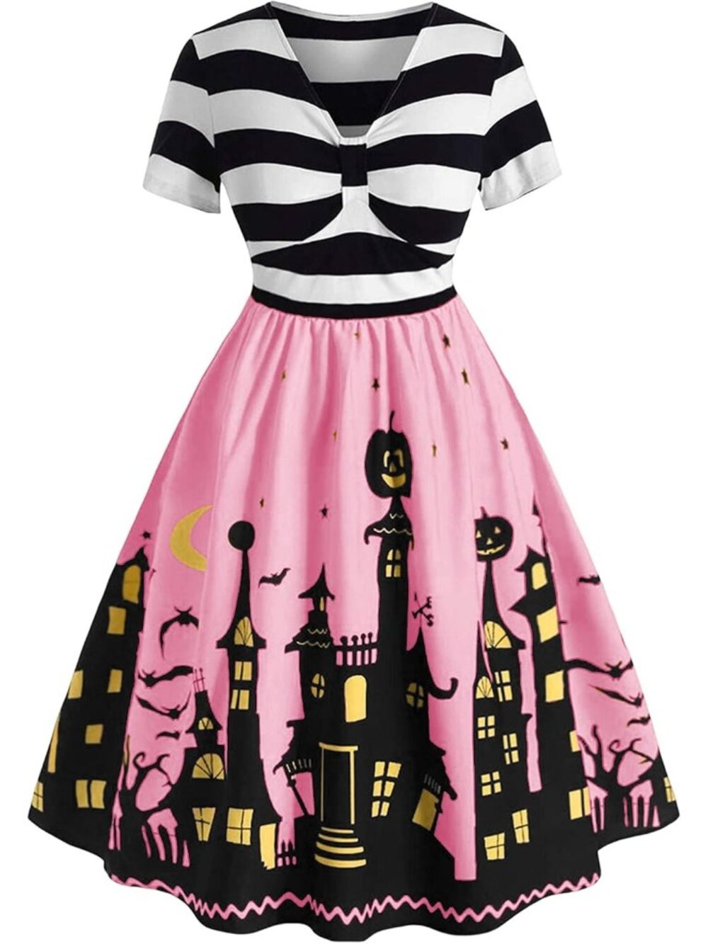 🎃Women's Pink Funny Striped A-line V Neck Short Sleeve Halloween Dresses